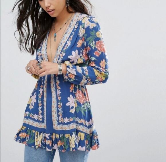 Free People Tops - Free People Tunic Blouse Small Blue Floral Tie Back Boho Hippie Festival